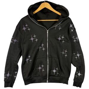 Black Rhinestone Star Zip Up Hoodie Women's Y2K Streetwear